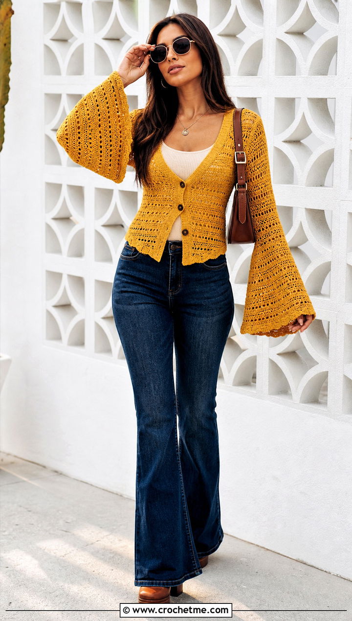 Bell Sleeve Crochet Cardigan With Flare Jeans - 25 lightweight crochet cardigan outfit ideas