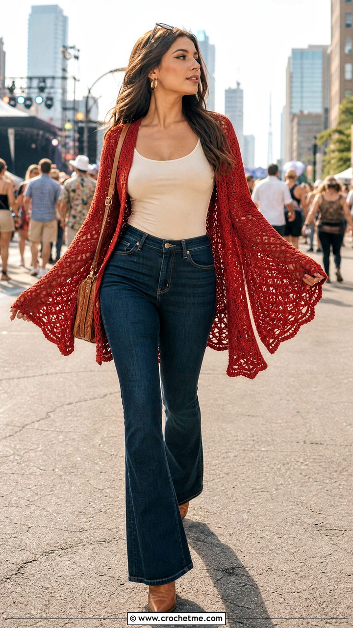 Bell Sleeve Crochet Cardigan With Flared Jeans - 35 crochet cardigan women outfit ideas