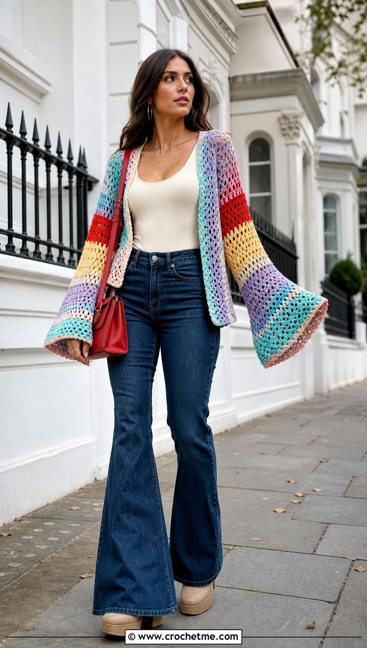 Bell Sleeve Crochet Cardigan With Flared Jeans - 25 Crochet Colourful Cardigan outfit ideas