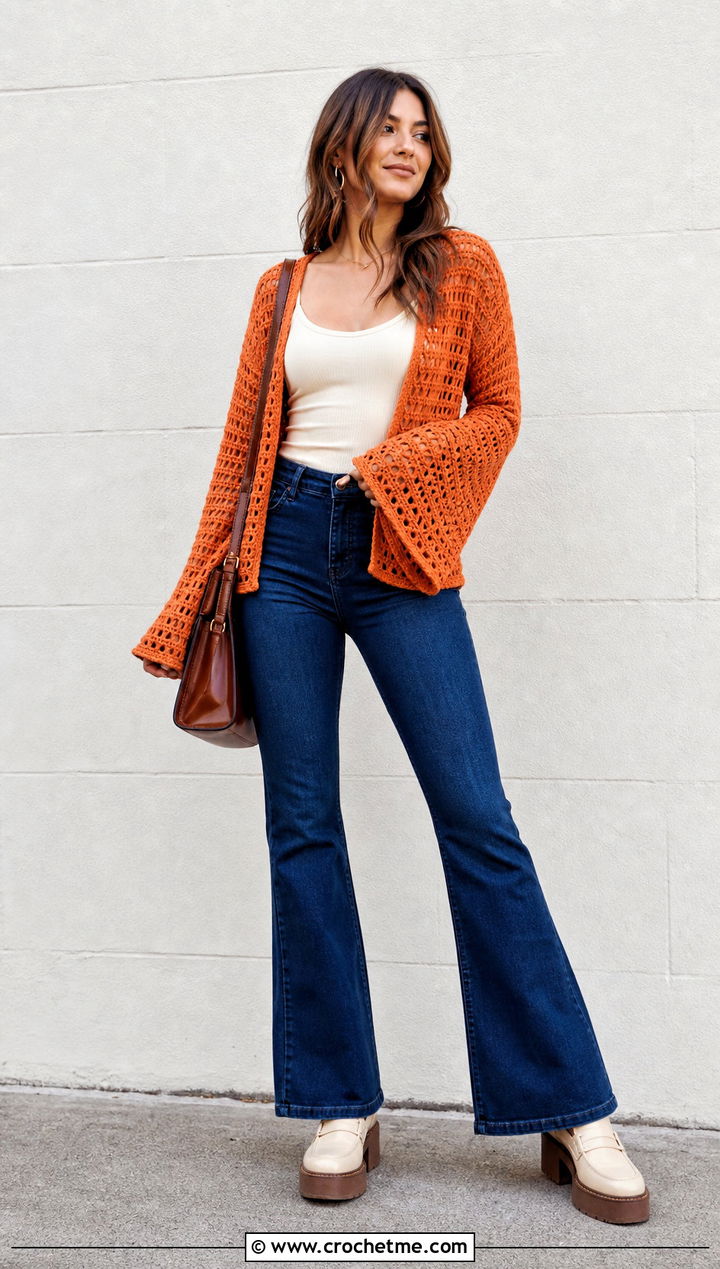 Bell Sleeve Crochet Cardigan With Flared Jeans - 30 crochet cardigan design outfit ideas