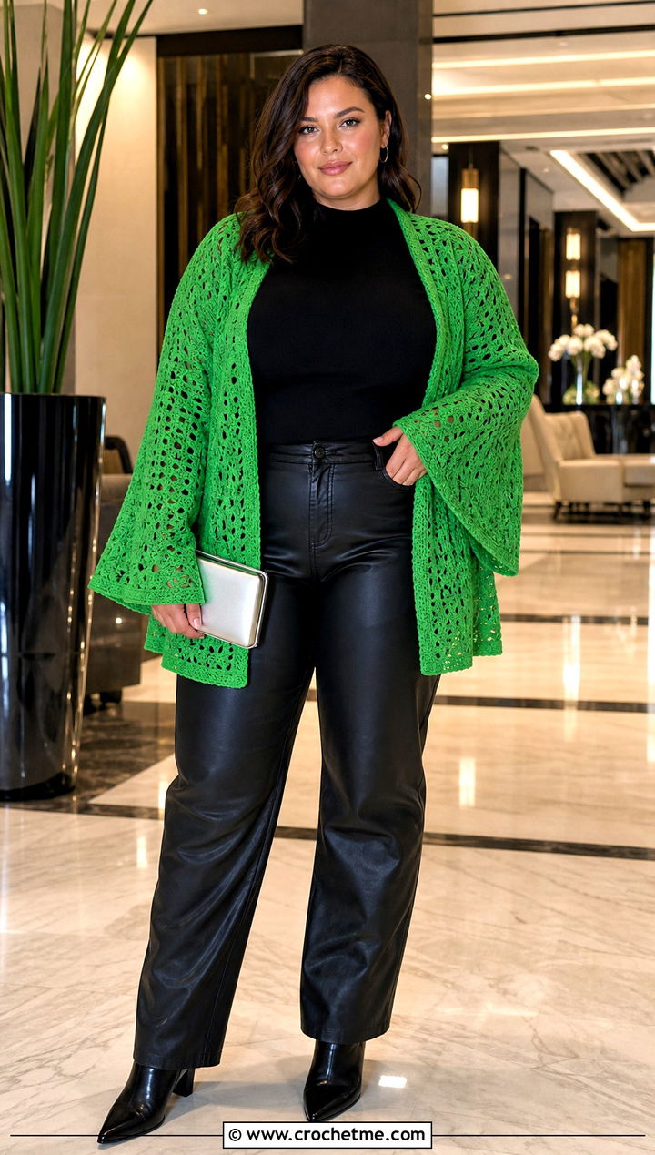 Bell Sleeve Crochet Cardigan With Leather Pants - 30 crochet plus size cardigan outfit ideas