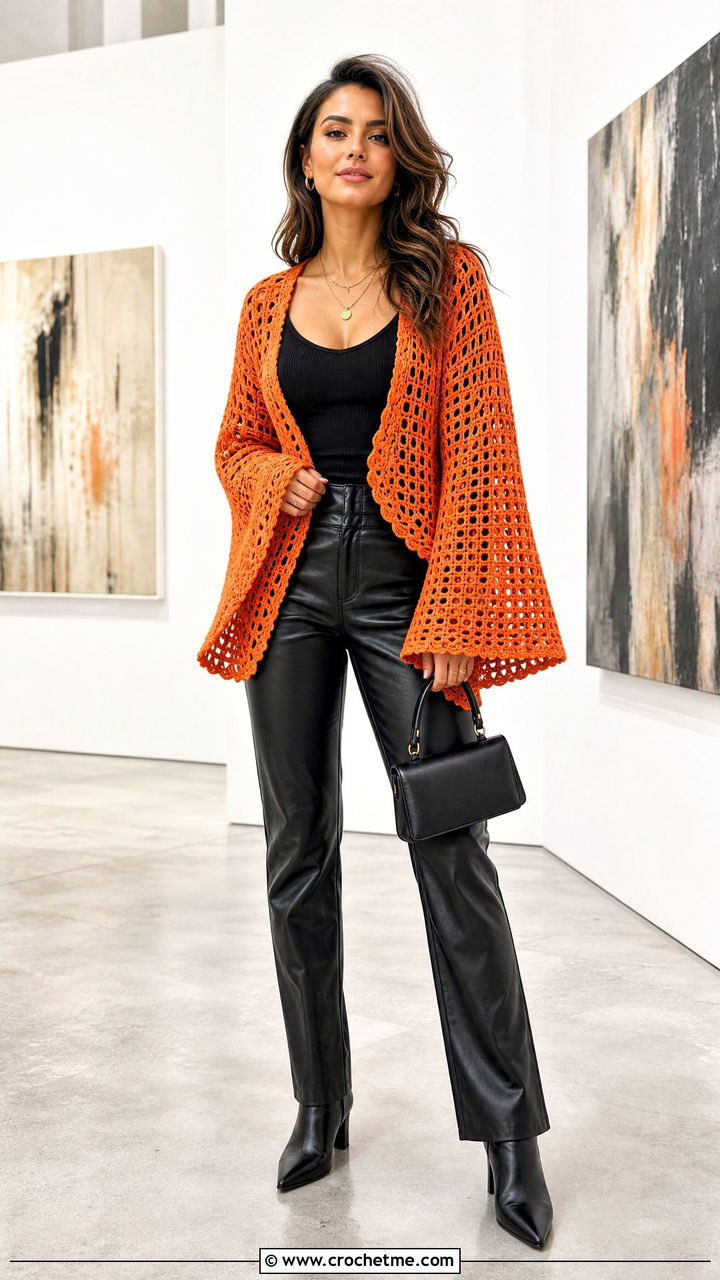 Bell Sleeve Crochet Cardigan With Leather Pants - 35 crocheted cardigan outfit ideas