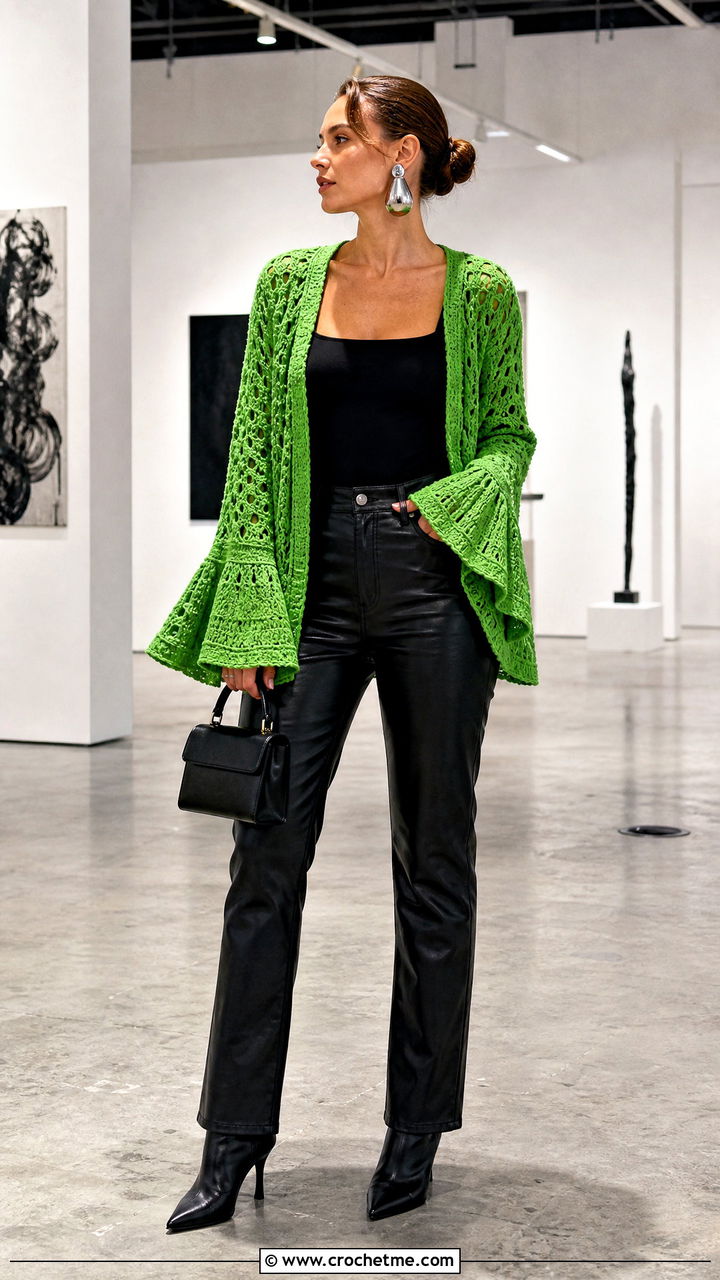 Bell Sleeve Crochet Cardigan With Leather Pants - 35 cute crochet cardigan outfit ideas