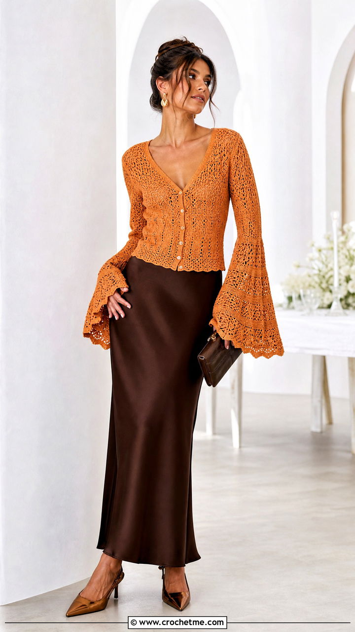Bell Sleeve Crochet Cardigan With Satin Maxi Skirt - 35 simple crochet cardigan outfit ideas