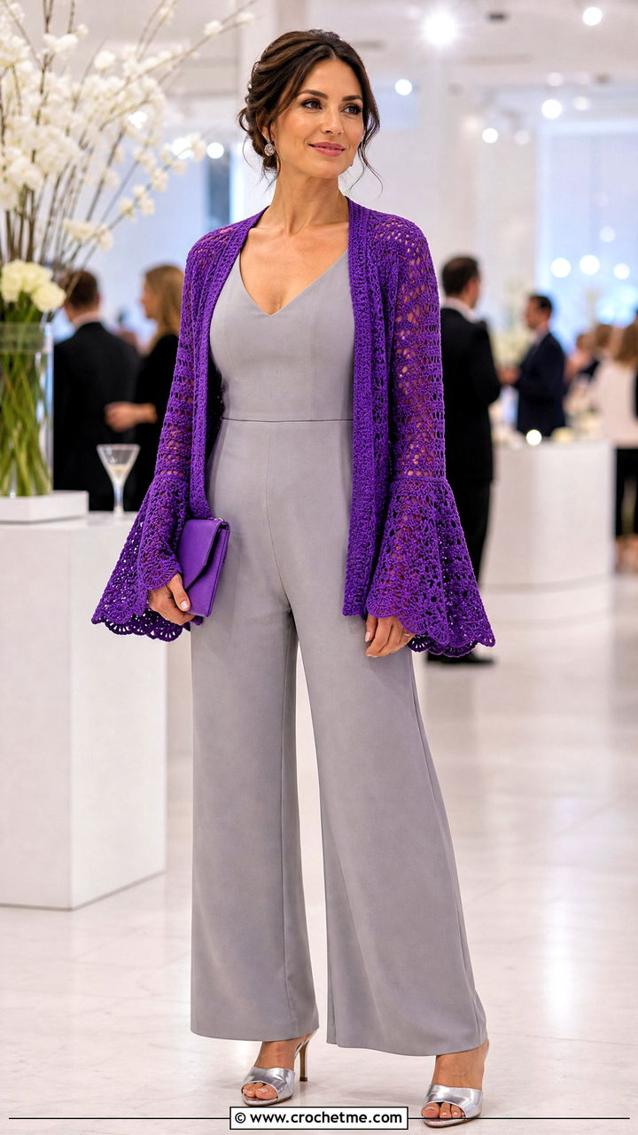 Bell Sleeve Crochet Cardigan With Tailored Jumpsuit - 35 crochet cardigans outfit ideas