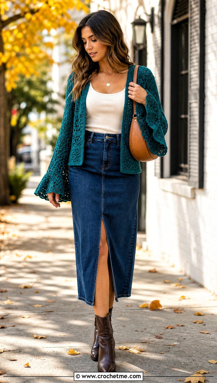 Bell Sleeve Crochet Cardigan With a Denim Midi Skirt - 30 cute crochet cardigans outfit ideas