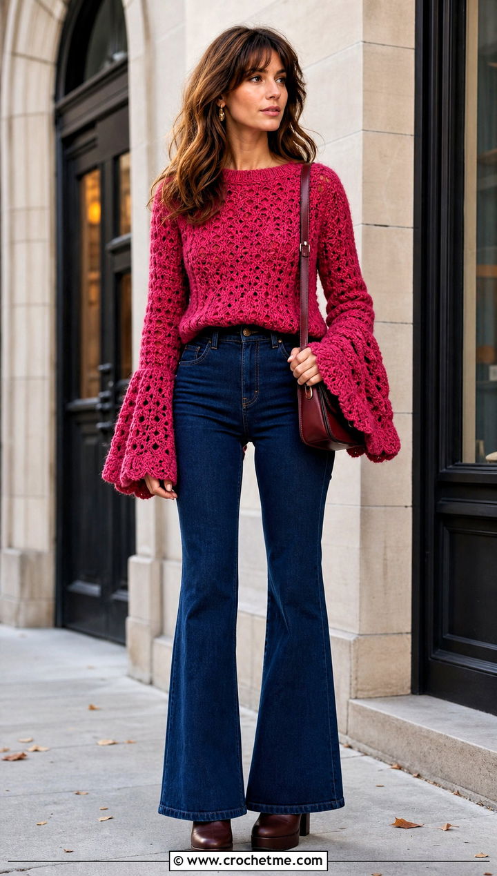 Bell Sleeve Crochet Cashmere Sweater With Flared Jeans - 30 crochet cashmere sweater outfit ideas