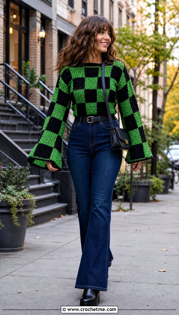 Bell Sleeve Crochet Checkered Sweater With Flared Jeans - 30 crochet checkered sweater outfit ideas