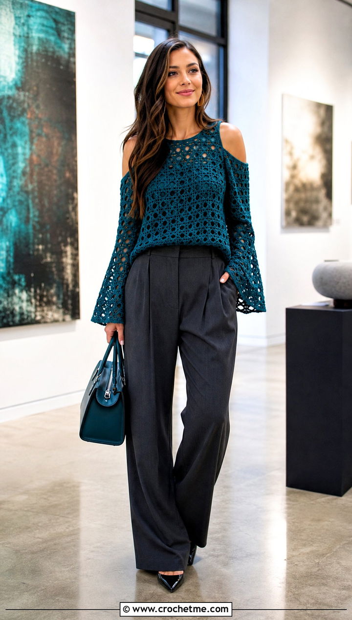 Bell Sleeve Crochet Cold Shoulder Top With Wide Leg Trousers - 35 crochet cold shoulder top outfit ideas