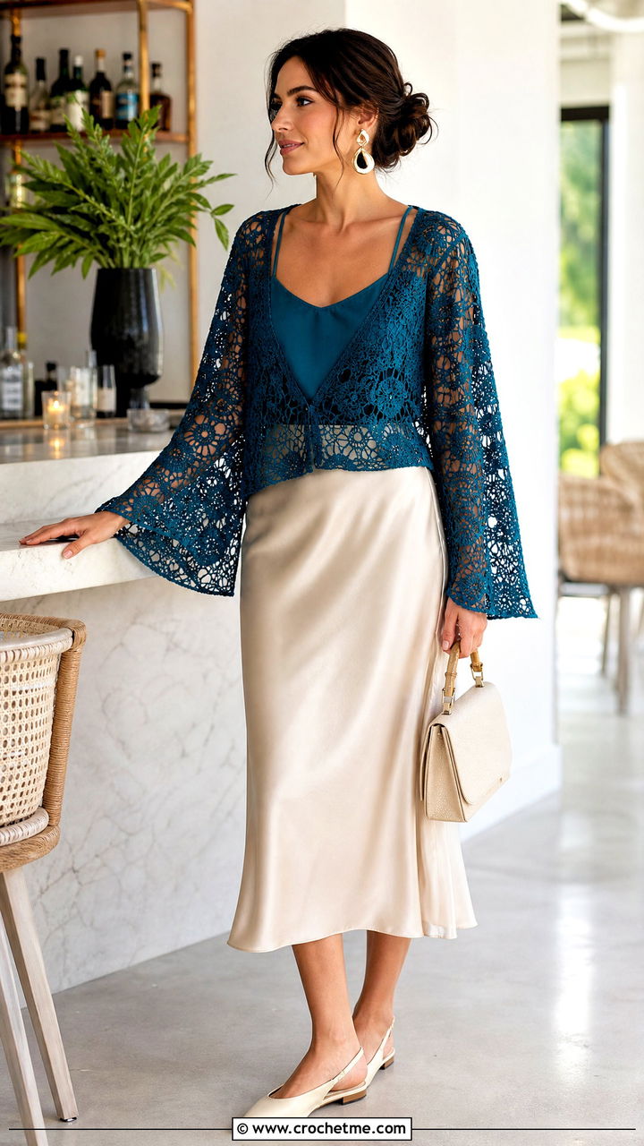Bell Sleeve Crochet Cover Up Top With Satin Midi Skirt - 35 crochet cover up top outfit ideas