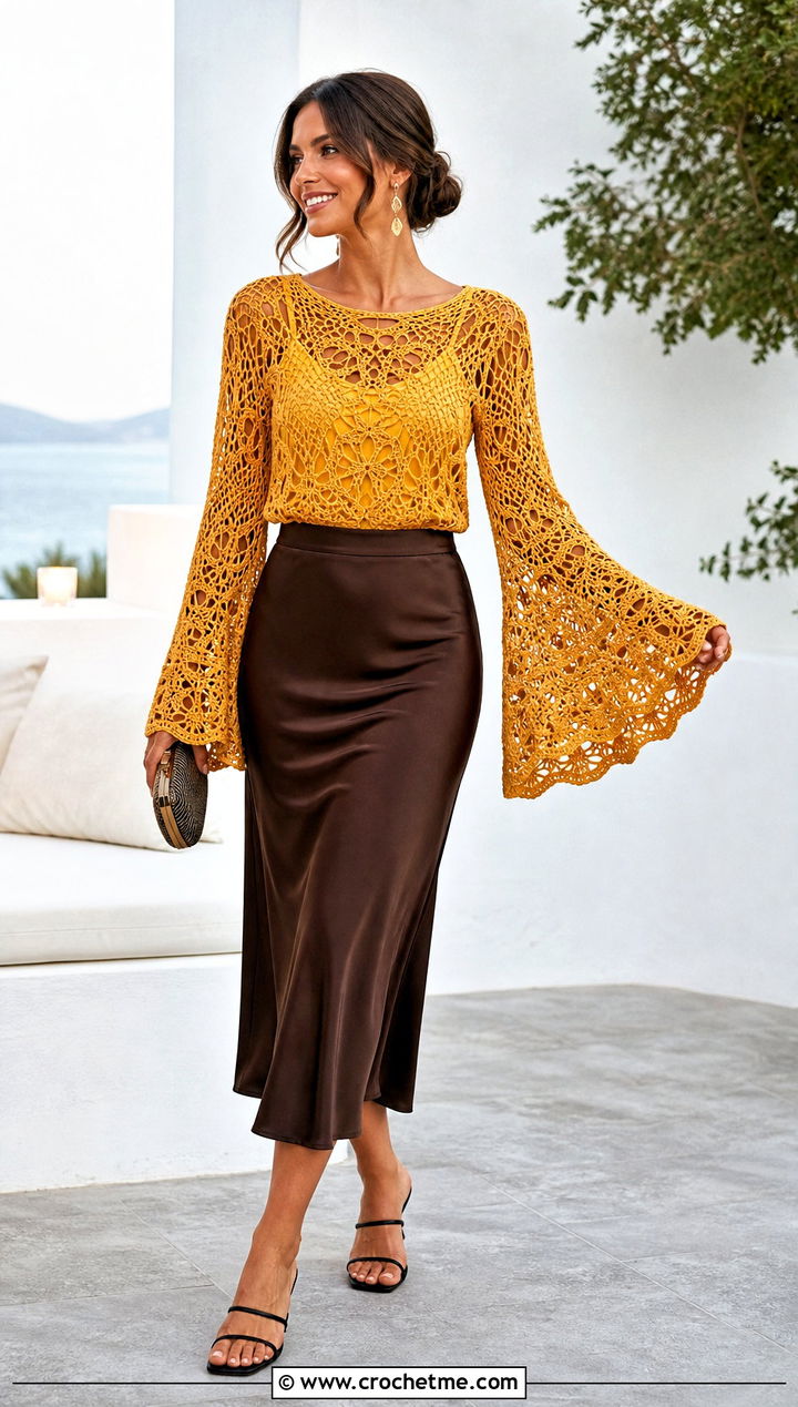 Bell Sleeve Crochet Cover Up With Satin Skirt - 30 easy crochet cover up outfit ideas