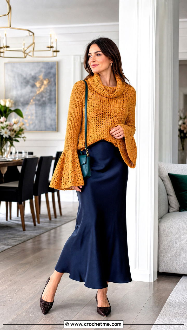 Bell Sleeve Crochet Cowl Neck Sweater With Slip Skirt - 25 Crochet Cowl Neck Sweater outfit ideas