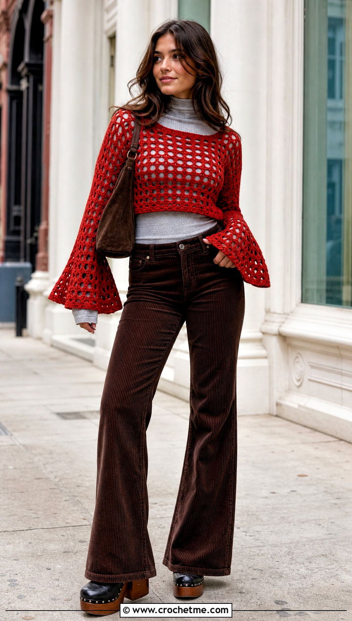 Bell Sleeve Crochet Crop Top With Corduroy Pants - 25 Y2K Crochet Top outfit ideas