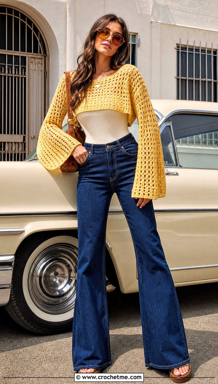 Bell Sleeve Crochet Crop Top With Flare Jeans - 30 Crochet Long Sleeve Half Top outfit ideas