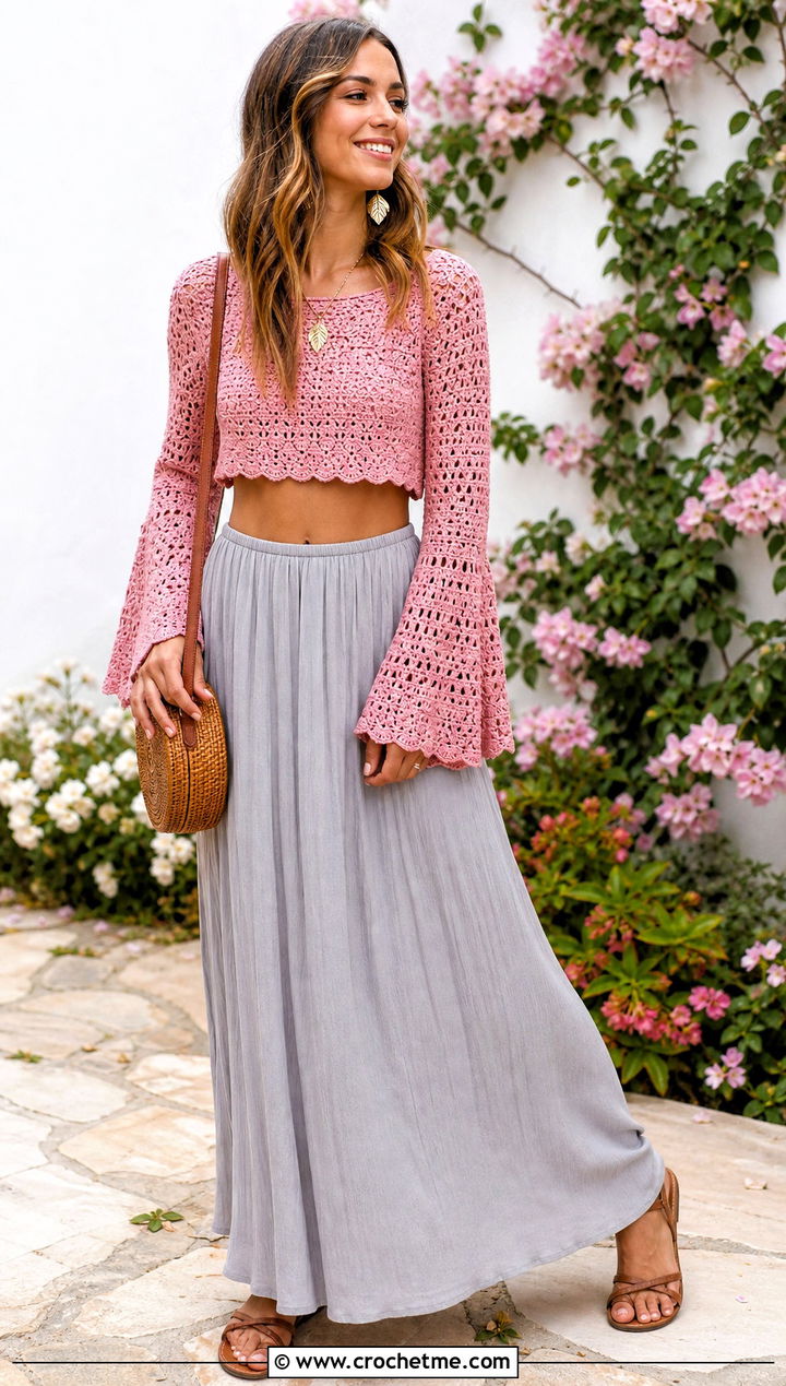 Bell Sleeve Crochet Crop Top With Maxi Skirt - 25 Fairy Core Crochet Outfits ideas