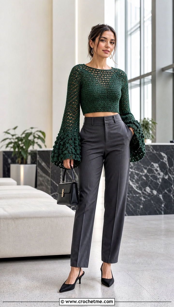 Bell Sleeve Crochet Crop Top With Tailored Trousers - 25 boho crochet crop top outfit ideas