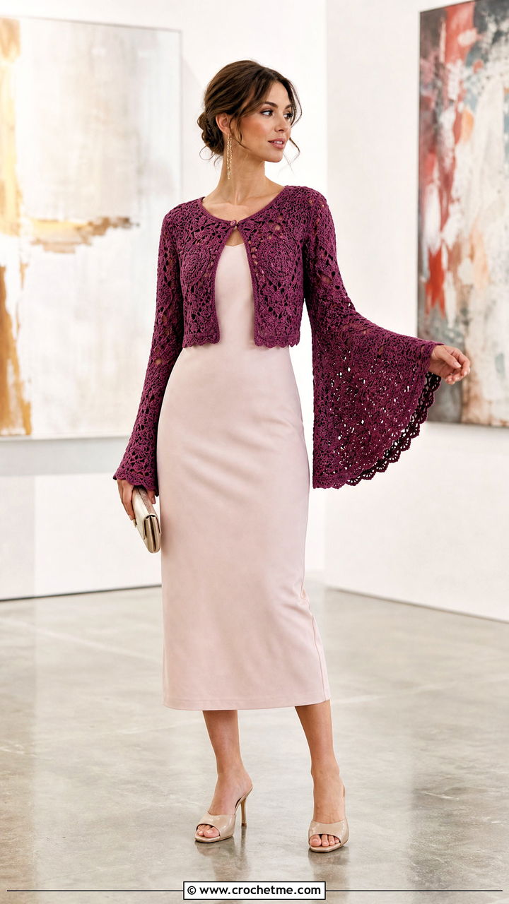 Bell Sleeve Crochet Cropped Cardigan With Column Dress - 35 crochet cropped cardigan outfit ideas