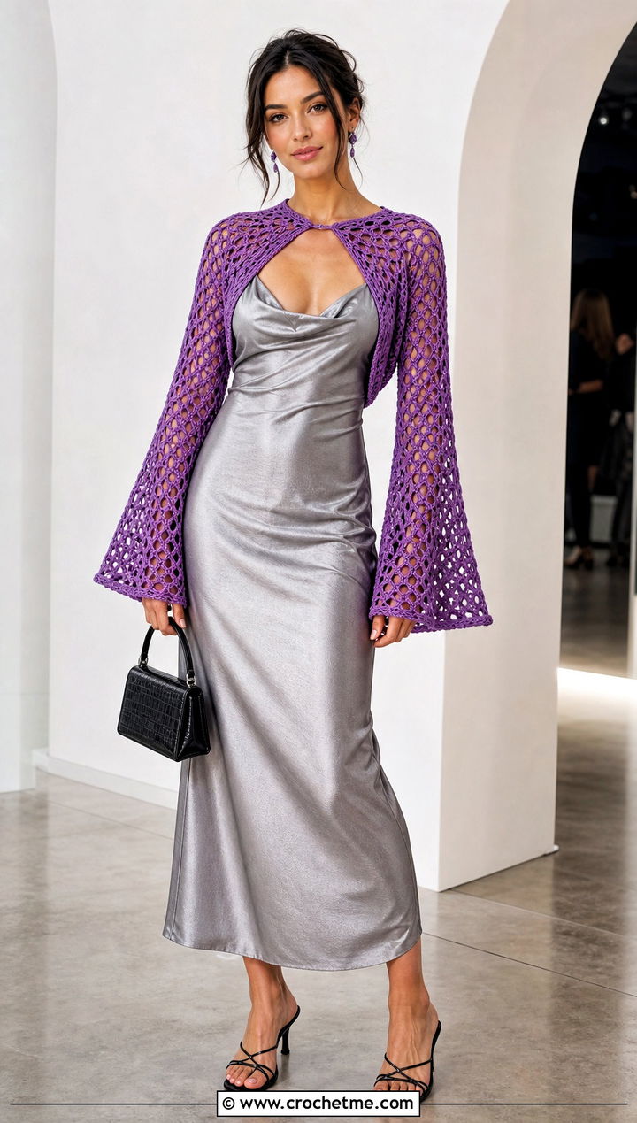Bell Sleeve Crochet Cropped Shrug With Slip Dress - 25 Crochet Cropped Shrug outfit ideas