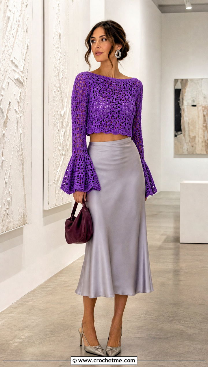 Bell Sleeve Crochet Cropped Sweater With Satin Midi Skirt - 20 Easy Crochet Cropped Sweater outfit ideas