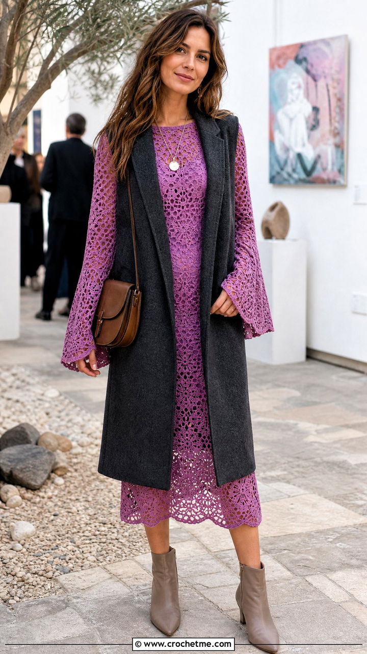 Bell Sleeve Crochet Dress With Ankle Boots - 35 crocheted dress outfit ideas