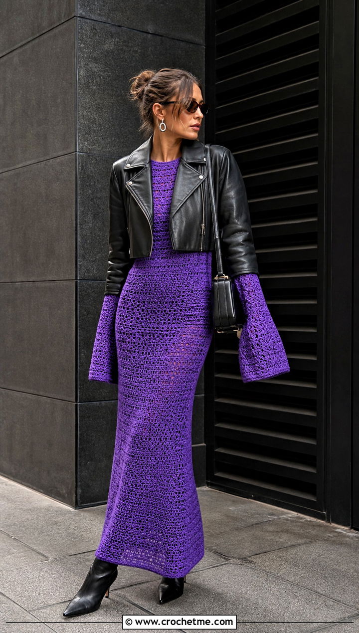 Bell Sleeve Crochet Dress With Leather Jacket - 25 crochet 60s dress outfit ideas