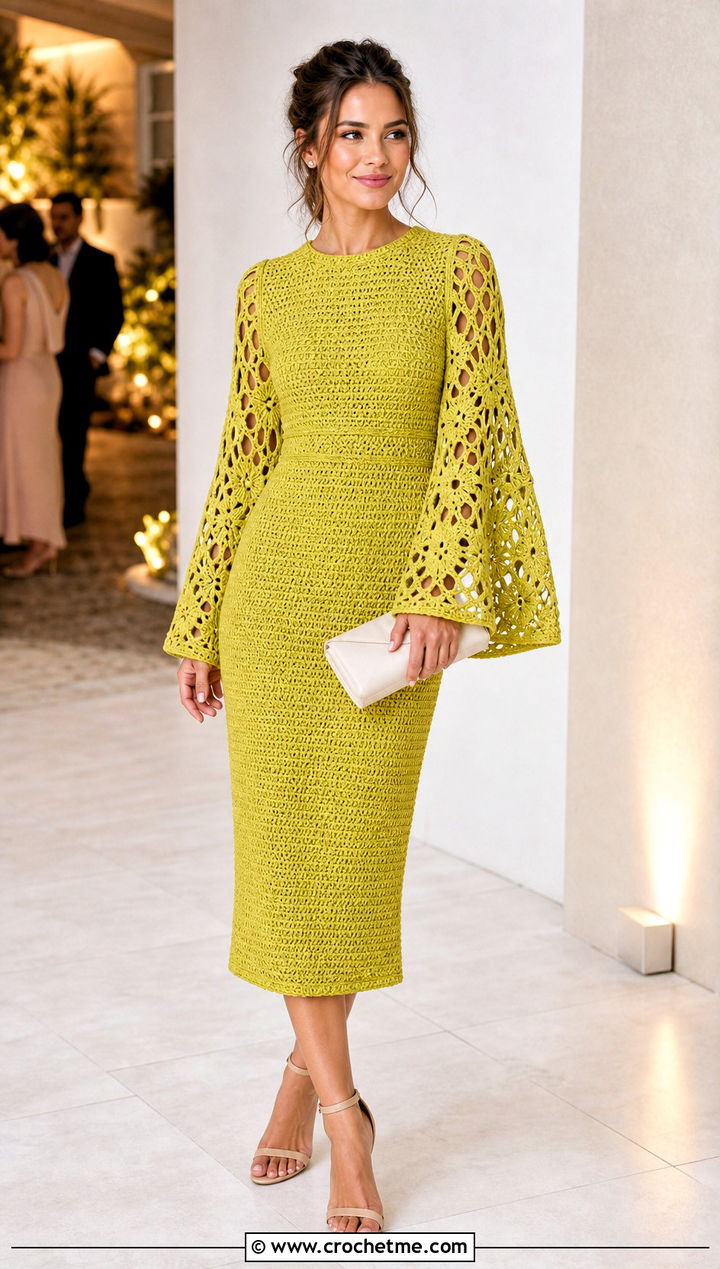 Bell Sleeve Crochet Dress With Minimal Heels - 35 Formal Crochet Dress outfit ideas
