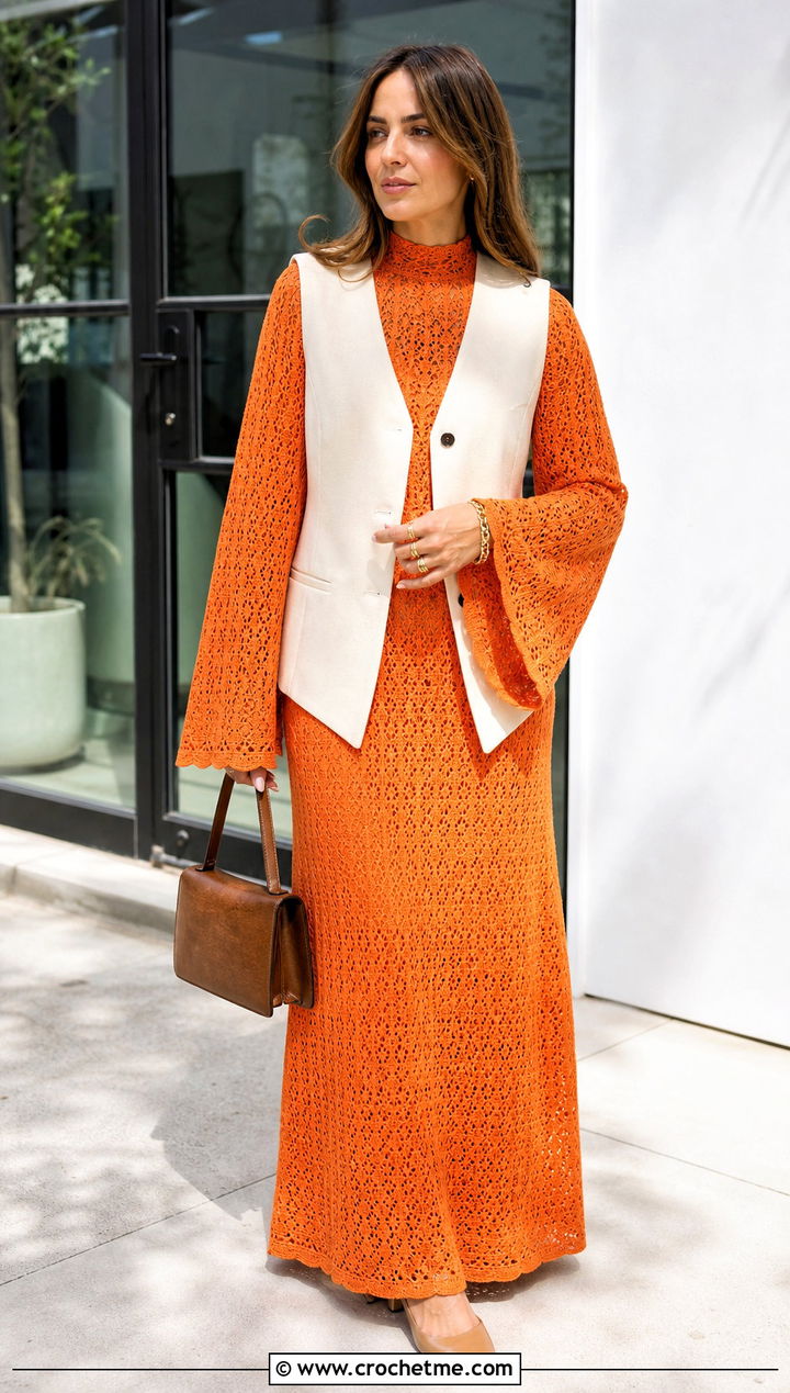 Bell Sleeve Crochet Dress With Structured Vest - 30 modest crochet dress outfit ideas