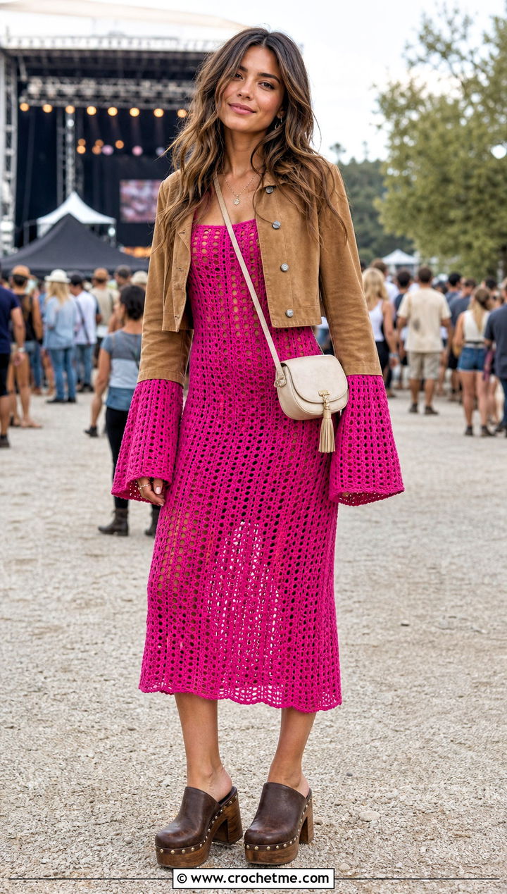 Bell Sleeve Crochet Dress With Suede Jacket And Clogs - 25 crochet a dress for women outfit ideas
