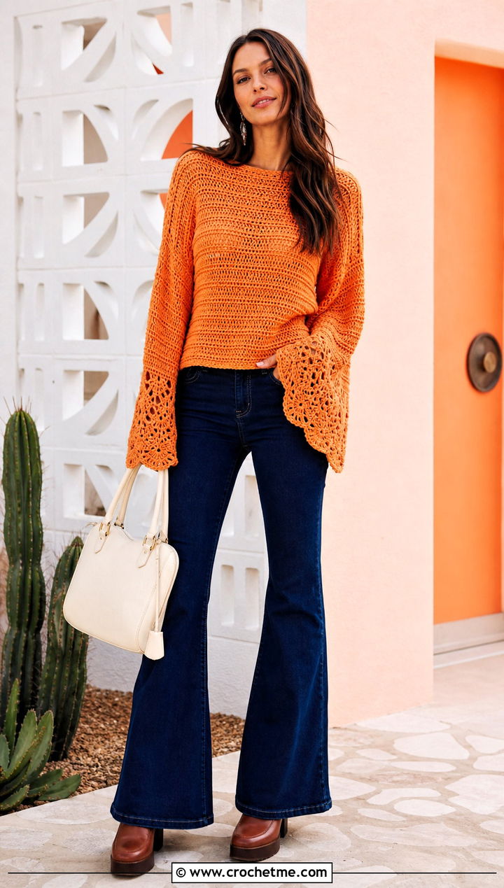Bell Sleeve Crochet Drop Shoulder Sweater With Flared Jeans - 30 crochet drop shoulder sweater outfit ideas