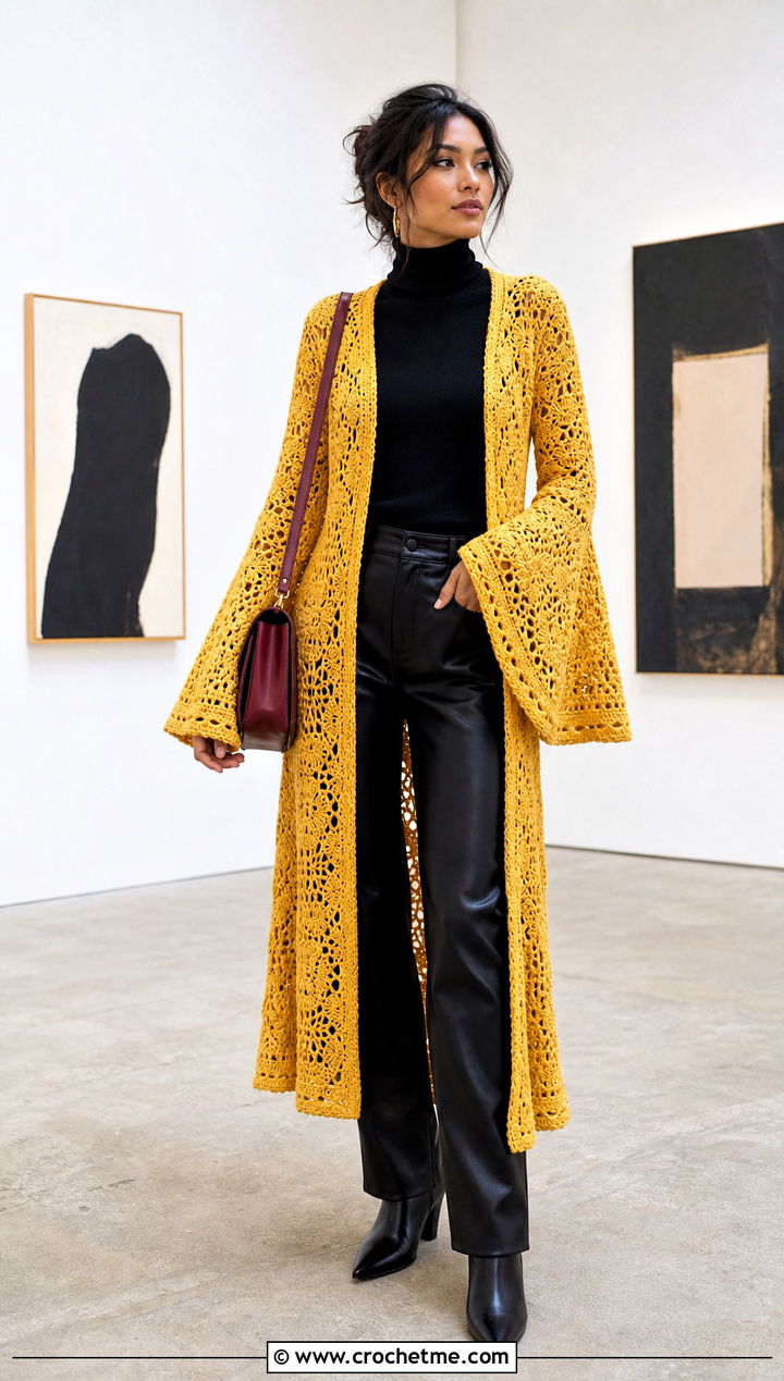 Bell Sleeve Crochet Duster With Leather Pants - 35 crochet long coat outfit ideas