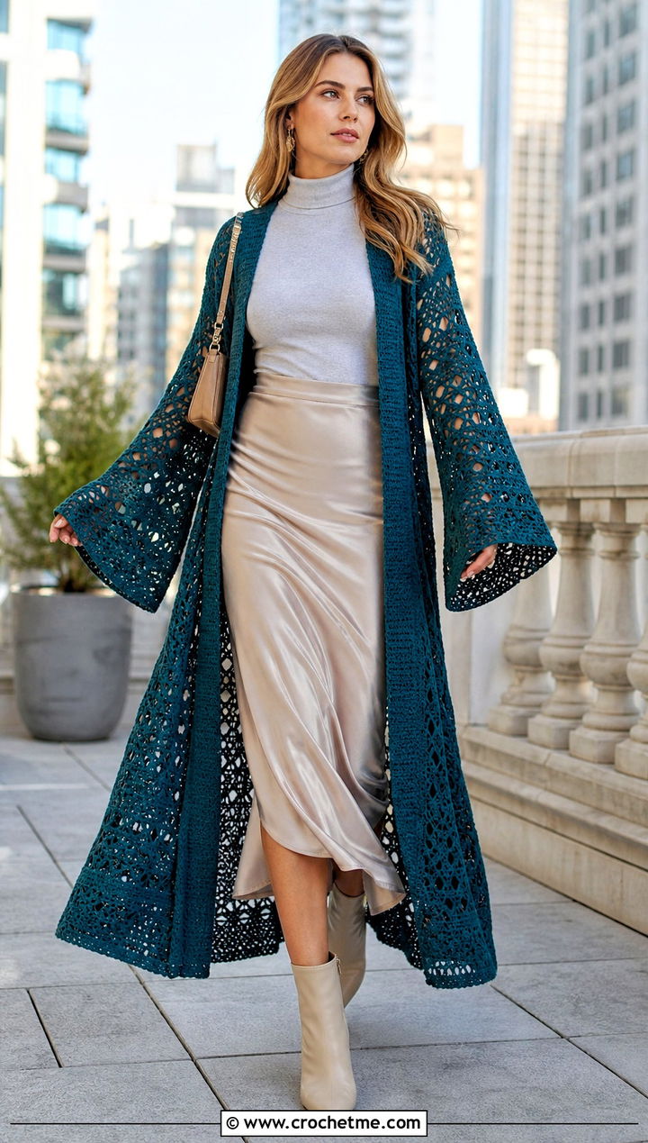 Bell Sleeve Crochet Duster With Slip Skirt And Boots - 25 Easy Crochet Duster outfit ideas