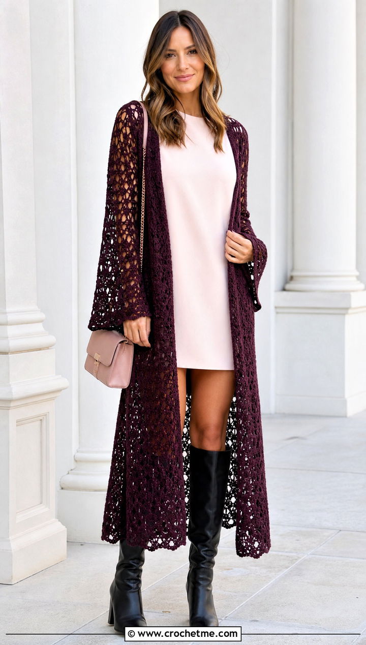 Bell Sleeve Crochet Duster With a Mini Dress - 35 crochet long jacket outfit ideas