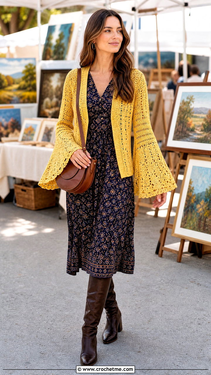 Bell Sleeve Crochet Fall Cardigan With Boho Midi Dress - 35 crochet fall cardigan outfit ideas