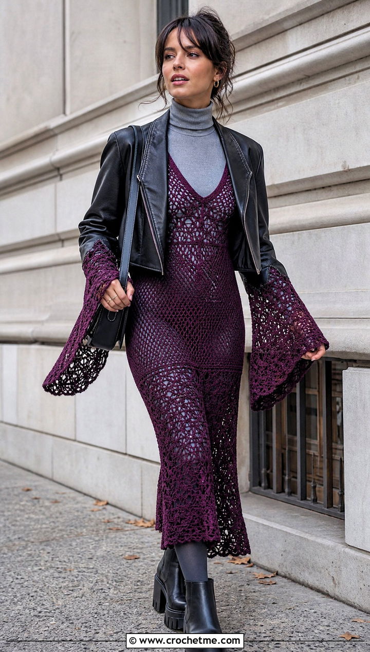 Bell Sleeve Crochet Fishnet Dress With Leather Jacket - 15 Crochet Fishnet Dress outfit ideas