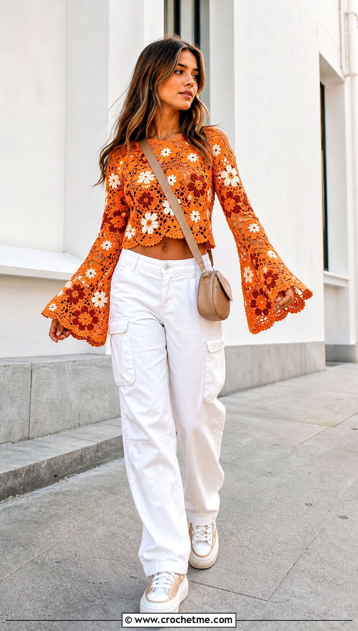 Bell Sleeve Crochet Flower Top With Cargo Pants - 25 Crochet Flower Top Long Sleeve outfit ideas