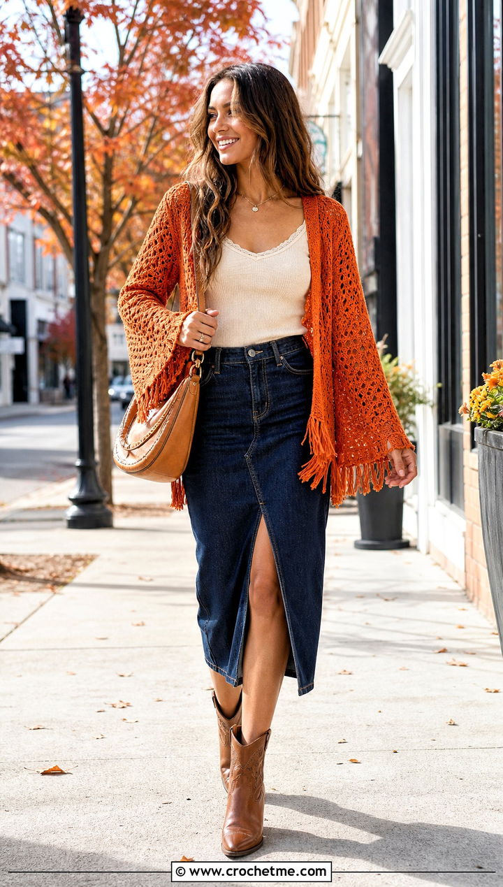 Bell Sleeve Crochet Fringe Sweater With Denim Midi Skirt - 20 Crochet Fringe Sweater outfit ideas