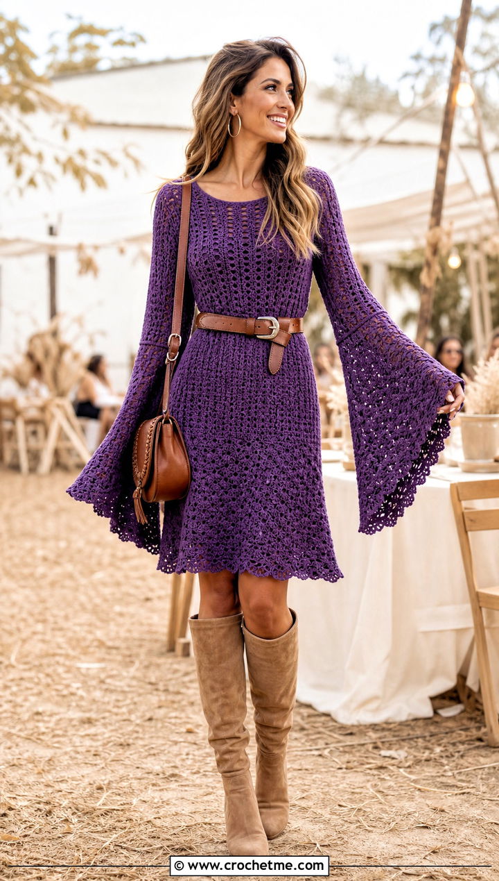 Bell Sleeve Crochet Frock With Suede Boots - 35 crochet frock outfit ideas