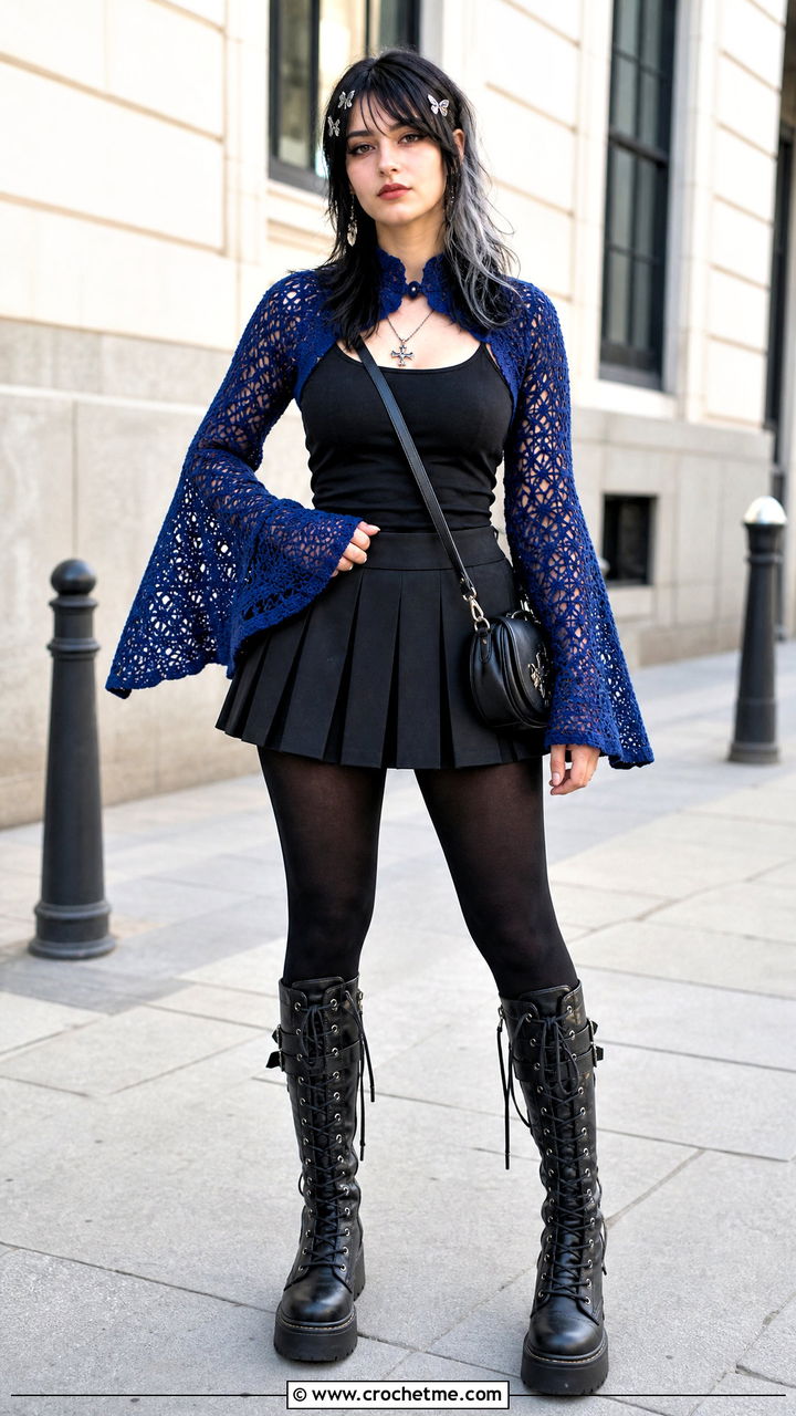Bell Sleeve Crochet Goth Bolero With Mini Skirt - 35 Crochet Goth Clothes and outfit ideas