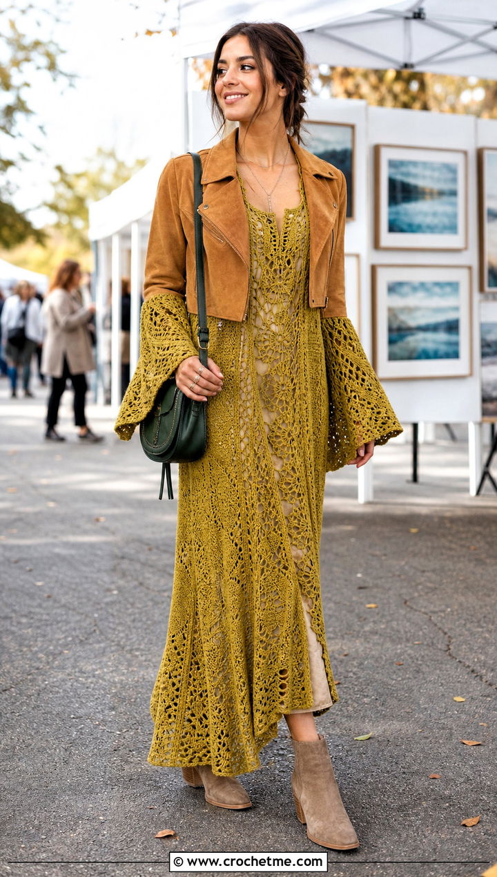Bell Sleeve Crochet Gown Dress With Suede Jacket - 25 Crochet Gown Dress outfit ideas