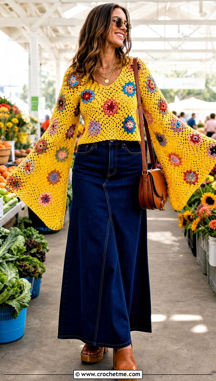 Bell Sleeve Crochet Granny Top With Denim Maxi Skirt - 25 crochet granny top outfit ideas