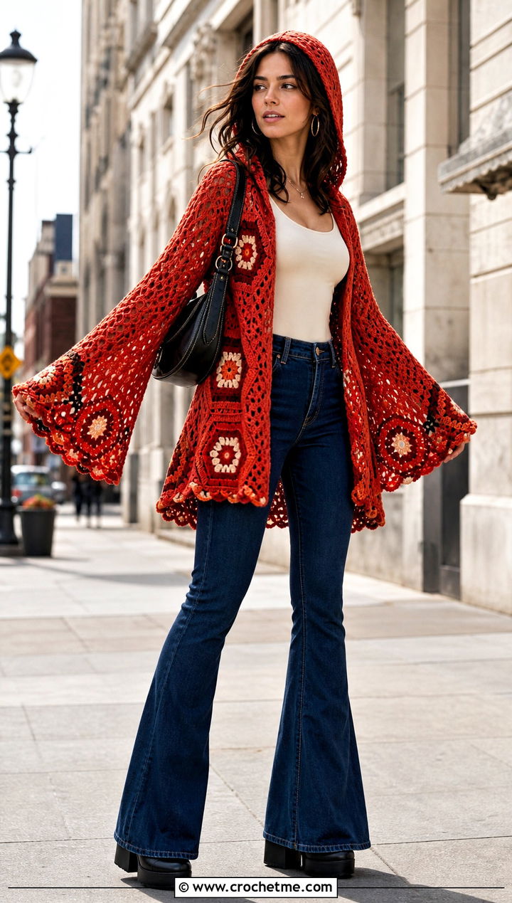 Bell Sleeve Crochet Hexagon Hoodie With Flare Jeans - 30 crochet hexagon hoodie outfit ideas