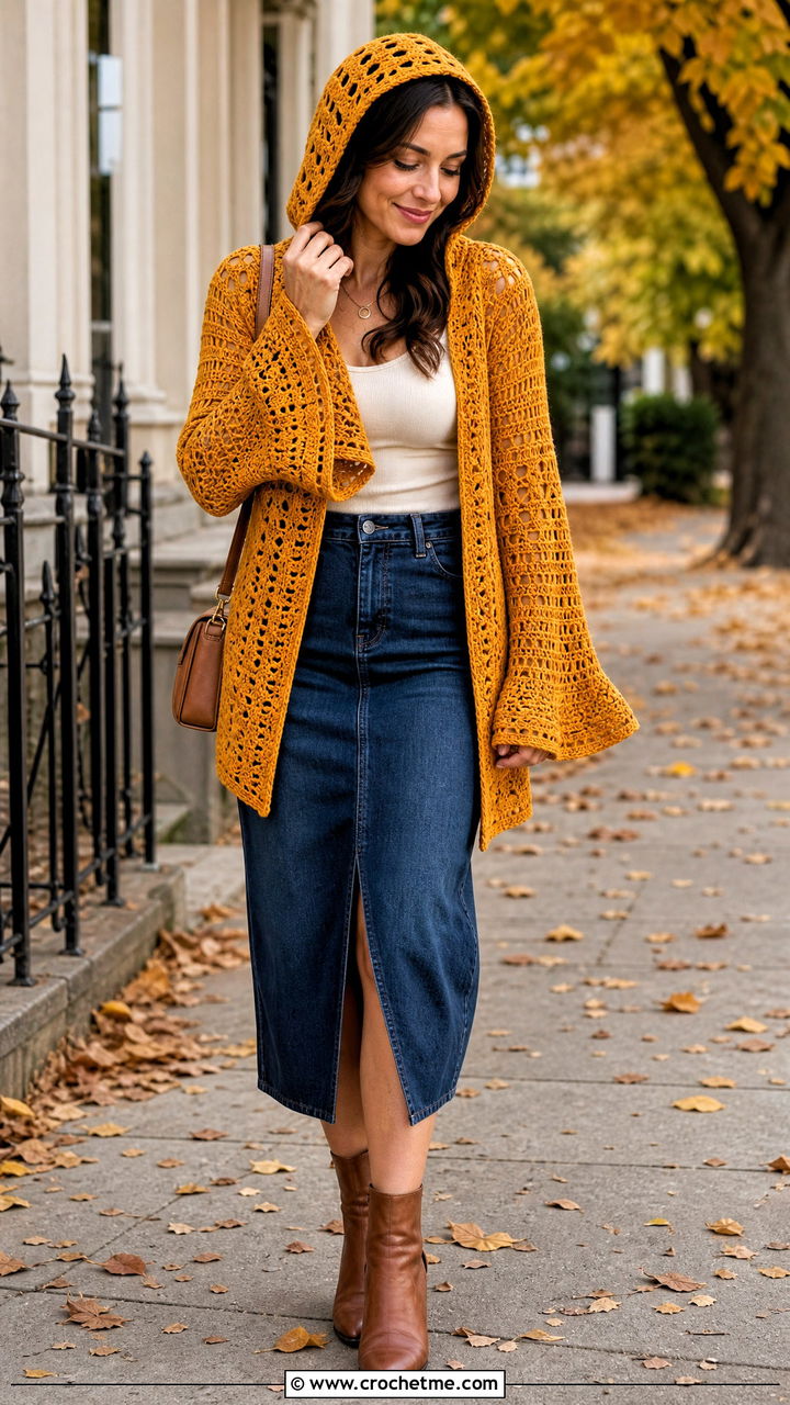 Bell Sleeve Crochet Hooded Cardigan With Denim Midi Skirt - 35 crochet hooded cardigan outfit ideas