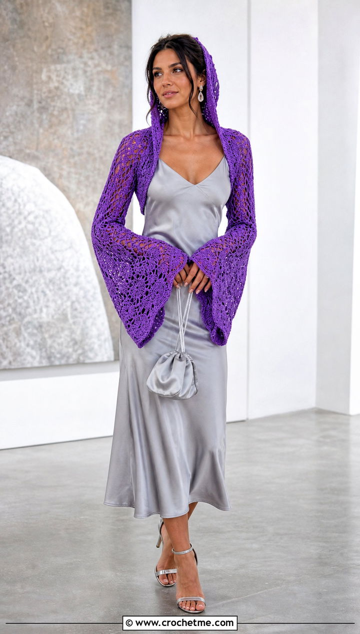 Bell Sleeve Crochet Hooded Shrug With Slip Dress - 30 Crochet Hooded Shrug outfit ideas