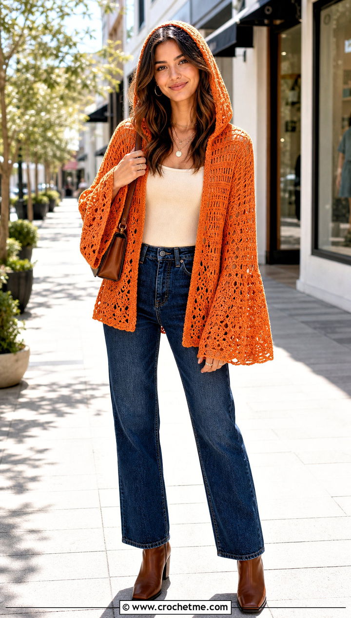 Bell Sleeve Crochet Hooded Sweater With Straight Leg Jeans - 30 crochet hooded sweater outfit ideas