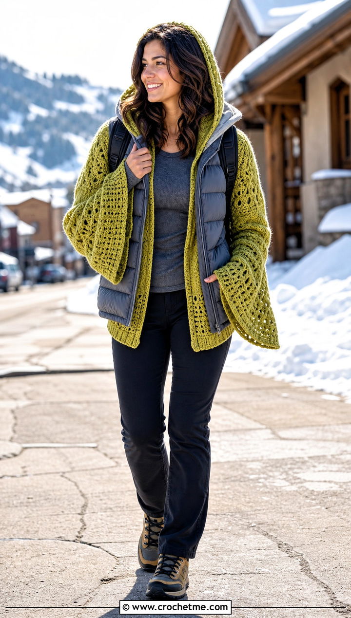 Bell Sleeve Crochet Hoodie Cardigan With A Puffer Vest - 30 crochet hoodie cardigan outfit ideas