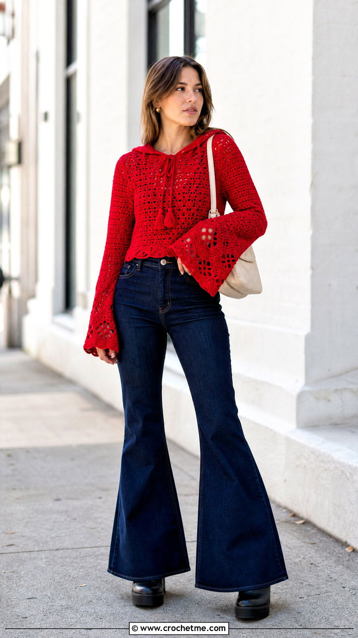 Bell Sleeve Crochet Hoodie With Flare Jeans - 35 crochet hoodie outfit ideas