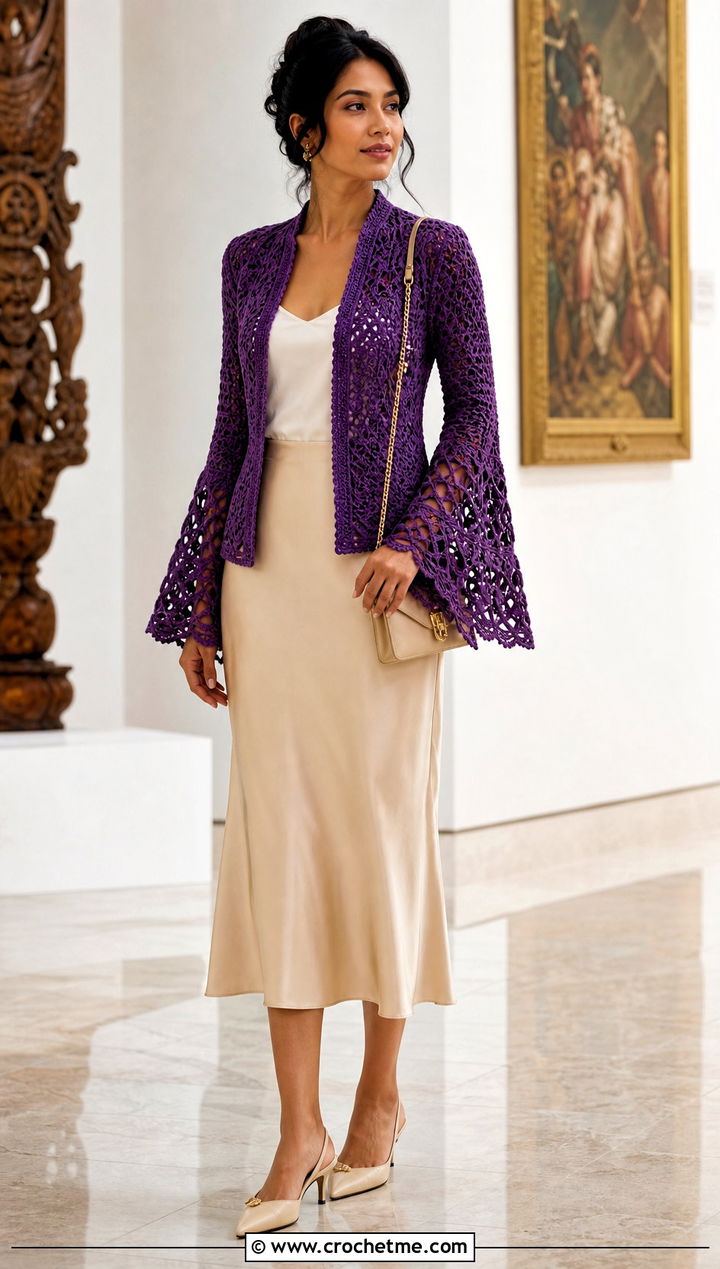 Bell Sleeve Crochet Jacket With Bias Cut Skirt - 25 crochet clothes jacket outfit ideas