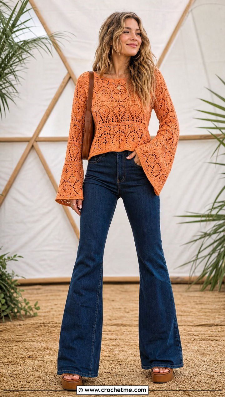Bell Sleeve Crochet Jumper With Flare Jeans - 35 easy crochet jumper outfit ideas