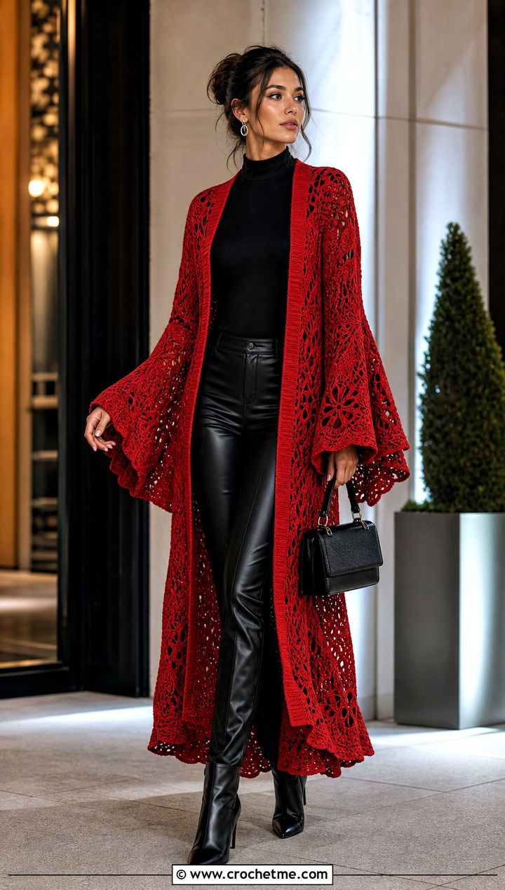 Bell Sleeve Crochet Kimono Cardigan With Leather Pants - 35 crochet kimono cardigan outfit ideas