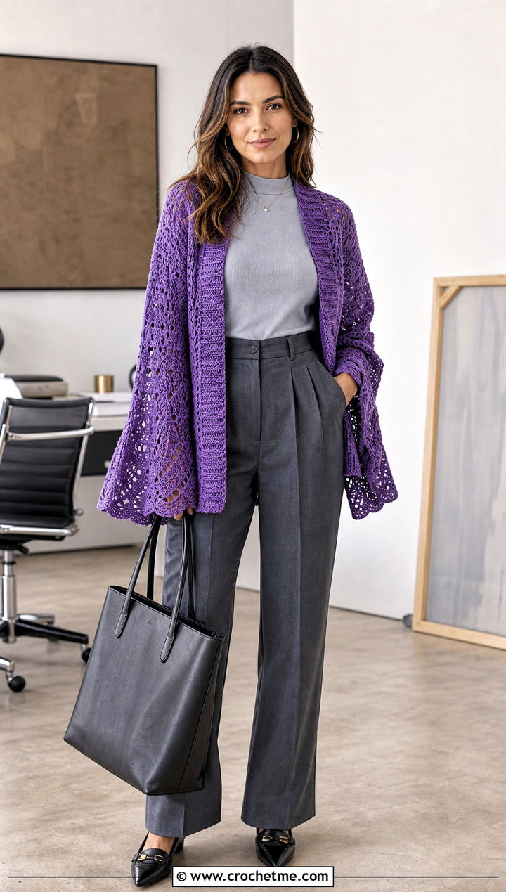 Bell Sleeve Crochet Kimono With Camisole And Tailored Trousers - 30 Boho Crochet Kimono outfit ideas